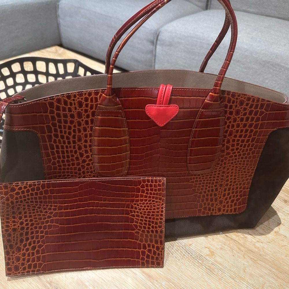 Longchamp Brown and Red Crocodile Pattern Tote